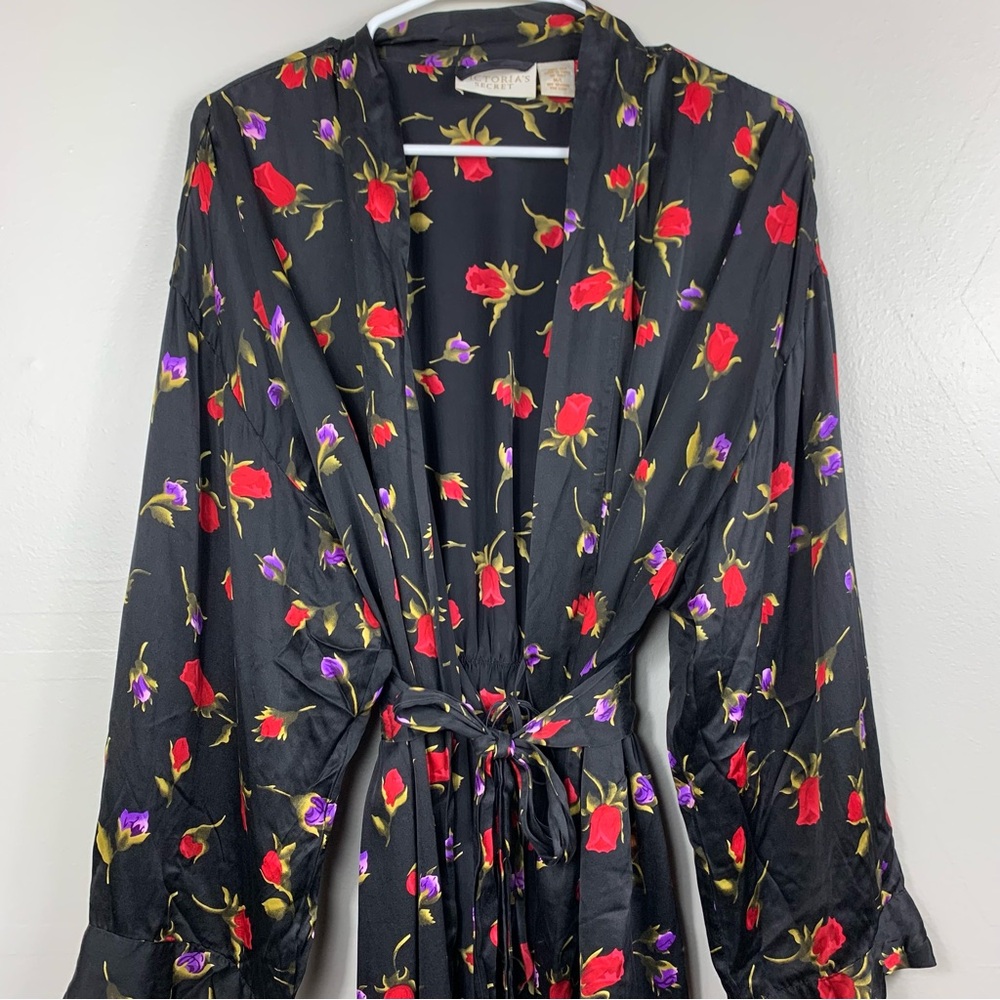 Victoria’s Secret | Vintage Robe Black Rose Print Silk Short Tie M/L